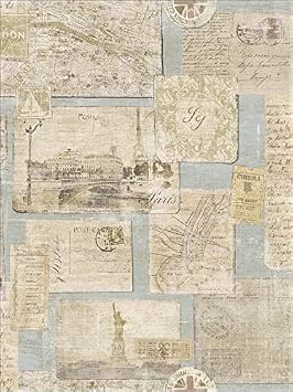 Wallpaper Paris Old Postcards Pictures Stamps Tickets On Blue, by Wallquest