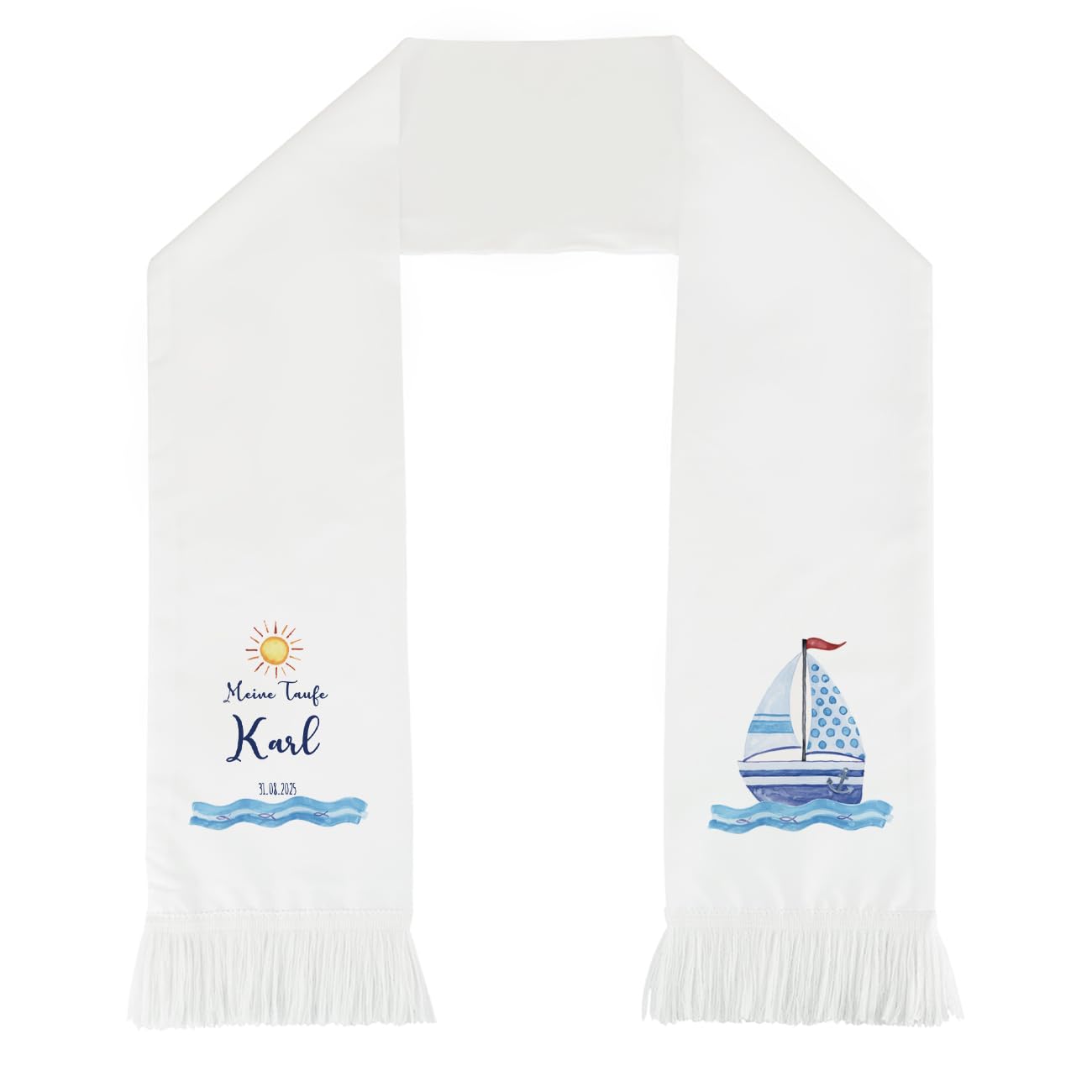 Striefchen® personalisierter Taufschal, 116 cm lang, weiß, Motivauswahl (Segelboot)
