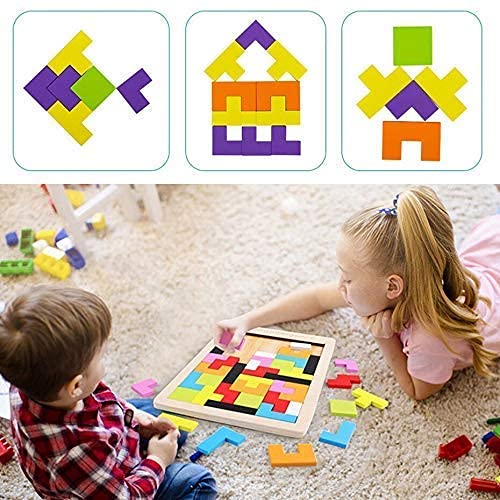 Image of Wooden Tetris Puzzle Brain Teaser Toy Colorful Jigsaw Game Montessori Intelligence Educational Gift for Baby- Toddlers, Kids 2-6 Years Old Boys Girls - 40 Pcs, Multi Color