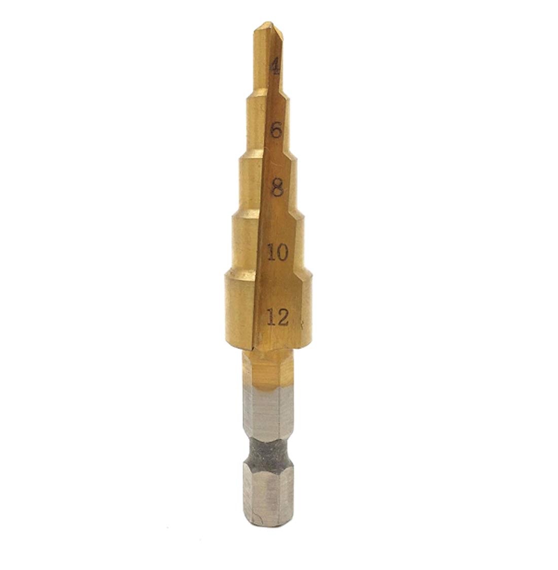 uptodateproducts 1pcs 4-12mm 4241 HSS 5 Step Drill Bit Pagoda Cone Drill with 1/4" Hex Shank and Titanium-Plated Surface Treatment-image-49