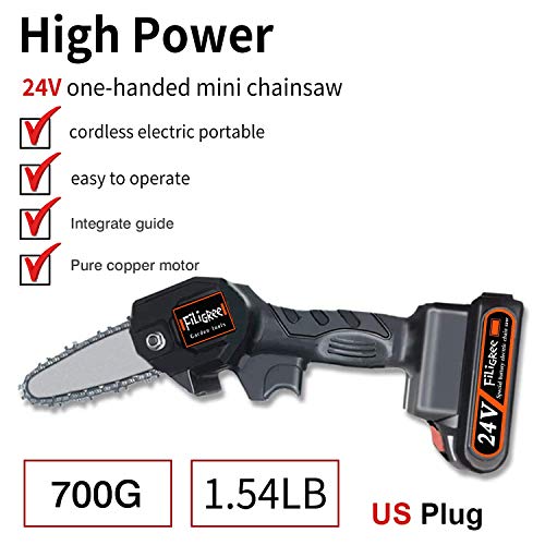 FiLiGRee Mini Chainsaw, 4 Inch Cordless Electric Portable Battery Chain Saw with 2Pcs Rechargeable Battery and 2Pcs Chain, 0.7kg Lightweight Electric saws for Tree Branch Wood Cutting