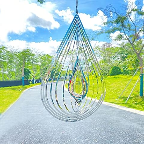SENEMO Windspiel 3D Wind Spinner Edelstahl Indoor Outdoor Dekor Party Kinetic Yard Art Dekorationen 3D Crafts Ornamente Metall 11,8 Zoll 3D Wassertropfen geformte hängende Wind Spinner Cover