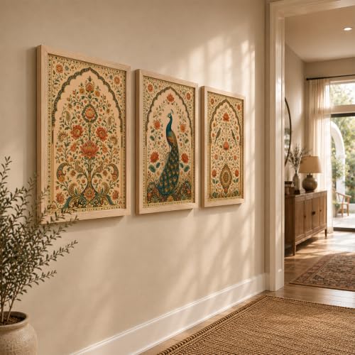 Image of NoWorries Peacock Wall Art Set of 3 Framed Prints | Indian Traditional Floral Botanical Painting, Royal Peacock & Bird Poster, Vintage Rajasthani Ethnic Wall Decor for Living Room Bedroom Home (Synthetic Engineered Wooden Frame) (MIN -12, 17x25 inches)