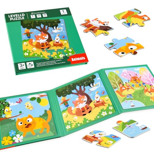 Image of ASTARON Magnetic Puzzles for Toddlers, 9-12-16 Pieces Animal World Learning Magnet Puzzles for Road Trip, Educational Travel Toys Car Plane Activities for Kids, Kids Birthday Gifts | Folding puzzle book, each book contains 3 scenes, 3 difficulty levels, advanced puzzle book, easy to store, educational toy