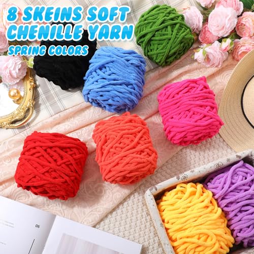 Image of Buryeah Chunky Chenille Yarn for Crocheting Soft Thick Fluffy Yarn for Hand Knitting Bulky Velvet Blanket Plush for Weaving DIY Crafts Each 3.5 oz 55 Yards(Spring Colors,8 Pack)