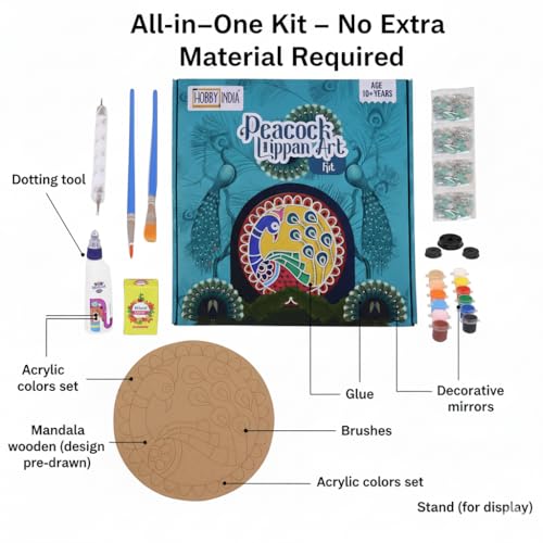 Image of HOBBY INDIA Lippan Art and Craft Materials Kit for Adults and Beginners I Premarked MDF Board Mandala Art Painting DIY Kit for Room Wall Hanging Office and Home Decoration (Peacock)