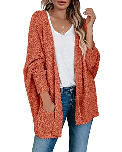 Saodimallsu Womens Chunky Popcorn Cardigan Oversized Open Front Boyfriend Batwing Long Sleeve Fuzzy Knit Sweaters (X-Large, Brick RED)