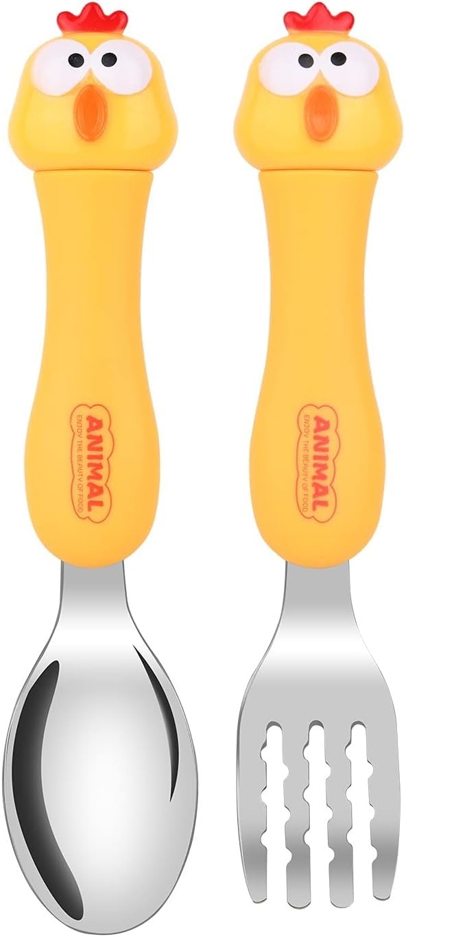 NimboseĀ® Tableware Cartoon Kids 1 Spoon and 1 Fork Set, Dessert Spoon for Children, Pasta Fork Baby Cutlery for Kids, Stainless Steel Body with Polypropylene Handles (Random Design, Yellow)