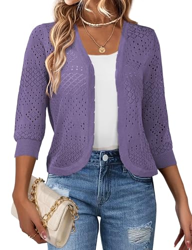 Image of REDHOTYPE Women's 3 /4 Sleeve Cardigan Open Front Cropped Shrugs Summer Hollowed Lightweight Cardigans Sweater (S-XL)