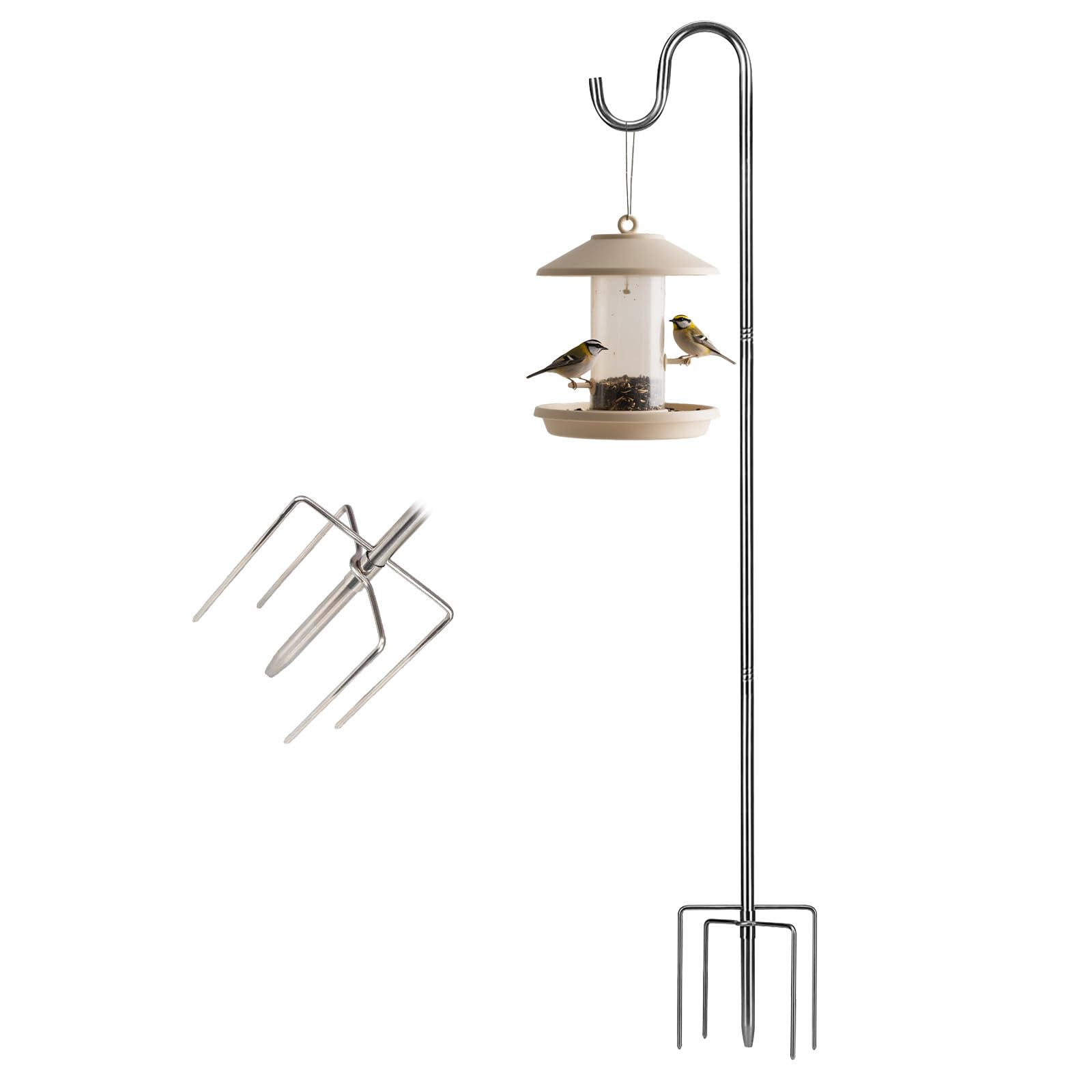 Harrms Schäferhaken Silber 117cm, 5-Zinken Vogelfutterspender Ständer, Höhenverstellbar & Wetterfest Metallhaken für Vogelfutterstationen, Laternen, Windspiele, Pflanzenampeln, Hochzeitsdeko
