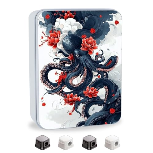 Image of Metal Tin Box with Lid,Multi-functional Storage Large Box Can Store Tea Biscuits Game Cards, Playing & Tarot Cards-Comes with 4 Magnetic Cord Clips,Octopus with Red Flowers