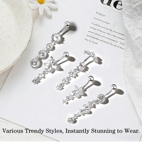 YIMETOP 5 Piece Belly Button Piercing Set Made of Stainless Steel, 12 mm & 10 mm Bar Length, with Banana, Butterfly, Flower and Round Hanging - Women's Belly Piercing — view 4