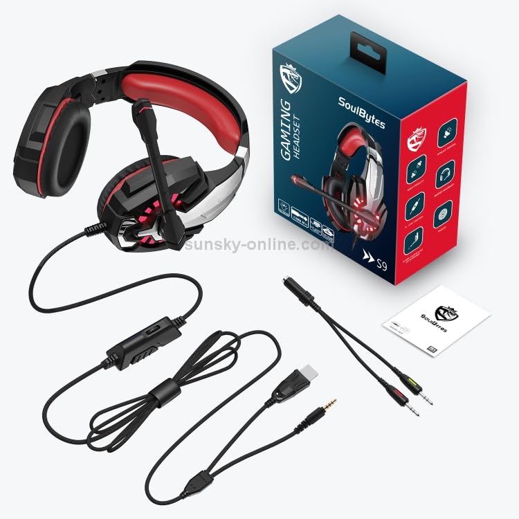 Components of the ELECTROPRIME Soulbytes S9 Gaming Headset including headset, USB cable, and 3.5mm audio cable