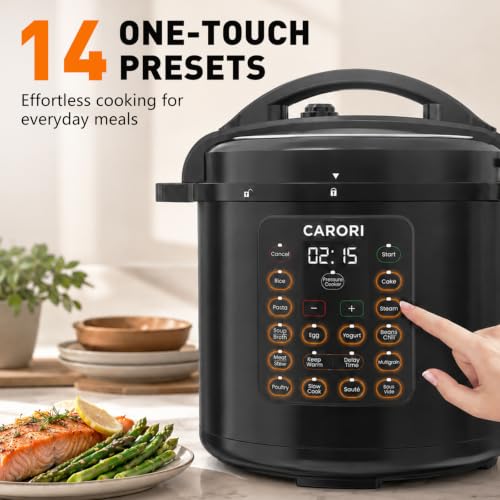 Image of CARORI 8Qt 12-in-1 Electric Pressure Cooker, 1200W, Quick Meals, Time-Saving, Healthy, Easy Cooking Appliance, Slow,Rice,Steamer, Saute, Yogurt Maker, Warmer & Sterilizer,Safer Venting Design, Black