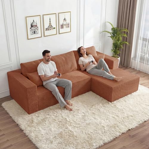 Image of 108 inch Modular Sectional Sofa, L-Shaped Cloud Couch with Deep Seats & Chaise,Convertible 4-in-1 Corduroy Boneless Couches for Living Room,Bedroom,No Need Assembly - Brown(Right Facing Chaise)
