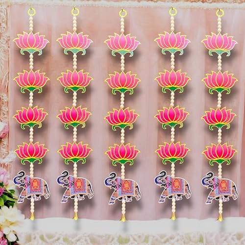 Image of Rajasthan Kraft Pack of 4 Handmade MDF Lotus Decorative Hanging with Beads & Bell Traditional Door & Wall Decor for Makar Sankranti, Lohri, Wedding & Festive Home Decoration 24 x 4 Inch (RK-H-197-4)