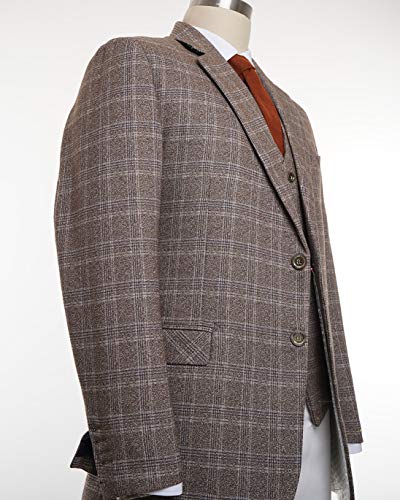 Men's Brown Tweed Wool Grid Plaid Check Tuxedos Groom Slim Fit 3 Pieces Suit Jacket Vest Pant4