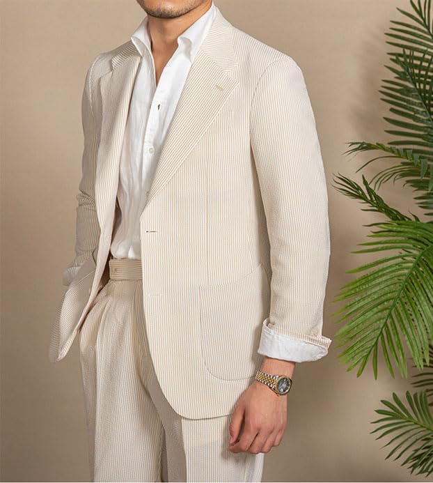 Mens Short Seersucker Suit Casual Striped Summer Beach Wedding Grooms Lightweight Blazer Jacket Shorts 2 Piece Set2