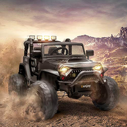 Uenjoy 12V Large Kids Electric Ride on Car 2 Seats Motorized Truck Battery Powered Children Electric Vehicles, Wheels Suspension, Remote Control, LED Lights, Music, Bluetooth, Black
