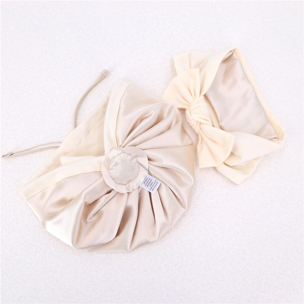 Jomila Bundle of Bonnet and Headband for Baby Newborn Silk Satin Lined Beanie Toddler Infant Girls Adjustable Hat 0-6 Months