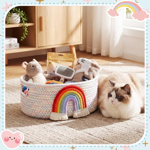Image of Breling 3 Pack Toy Storage Baskets, Teacher Woven Cotton Rope Storage Bins with Rainbow Design for School Supplies, Books, Blankets, Clothes, Playroom, Nursery, Classroom, Back to School Gift