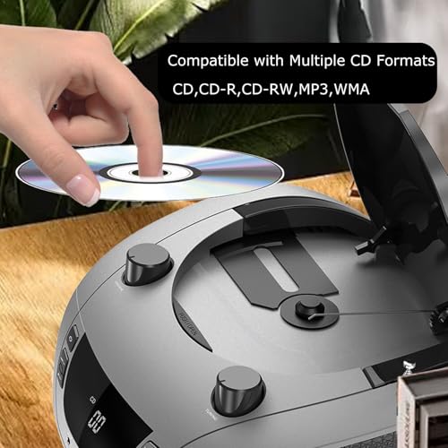 Image of LONPOO Portable CD Boombox -FM & AM Radio, CD Player, Bluetooth, USB, MP3, AUX,Portable, Built-in Stereo Speakers, Carrying Handle, LCD Display,Gray