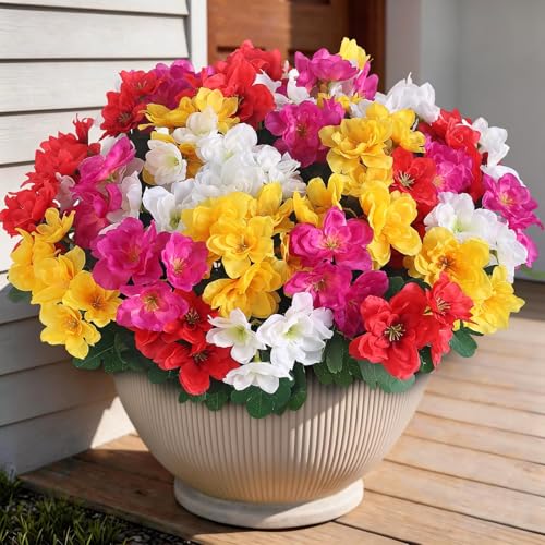 Image of 16 Bundles Artificial Flowers for Front Door, Fake Silk Azalea Bouquet Silk Flowers for Outside UV Resistant Realistic Faux Plants for Planter Farmhouse Patio Garden Walkways Home Decor (Mixed Color)