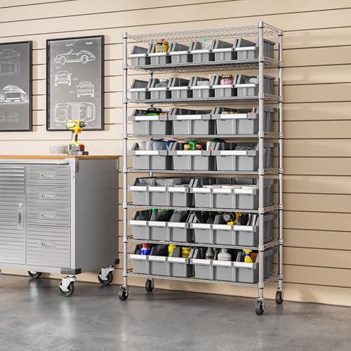 Image of 8-Tier NSF 24-Bin Steel Wire Shelving Rack, 36 inchW x 14.25 inchD x 63.5 inchH, Gray | 24 slide-out bins with tilt-lock design keep supplies organized and accessible