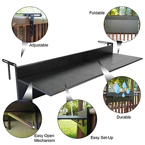 Genesis Woodesign Balcony Bar Table For Railings, Balcony Folding Deck Table, Wooden Adjustable Hanging Deck Table For Patio, Apartment, Garden (Black, 59" L X 11.8" W) #TOP3