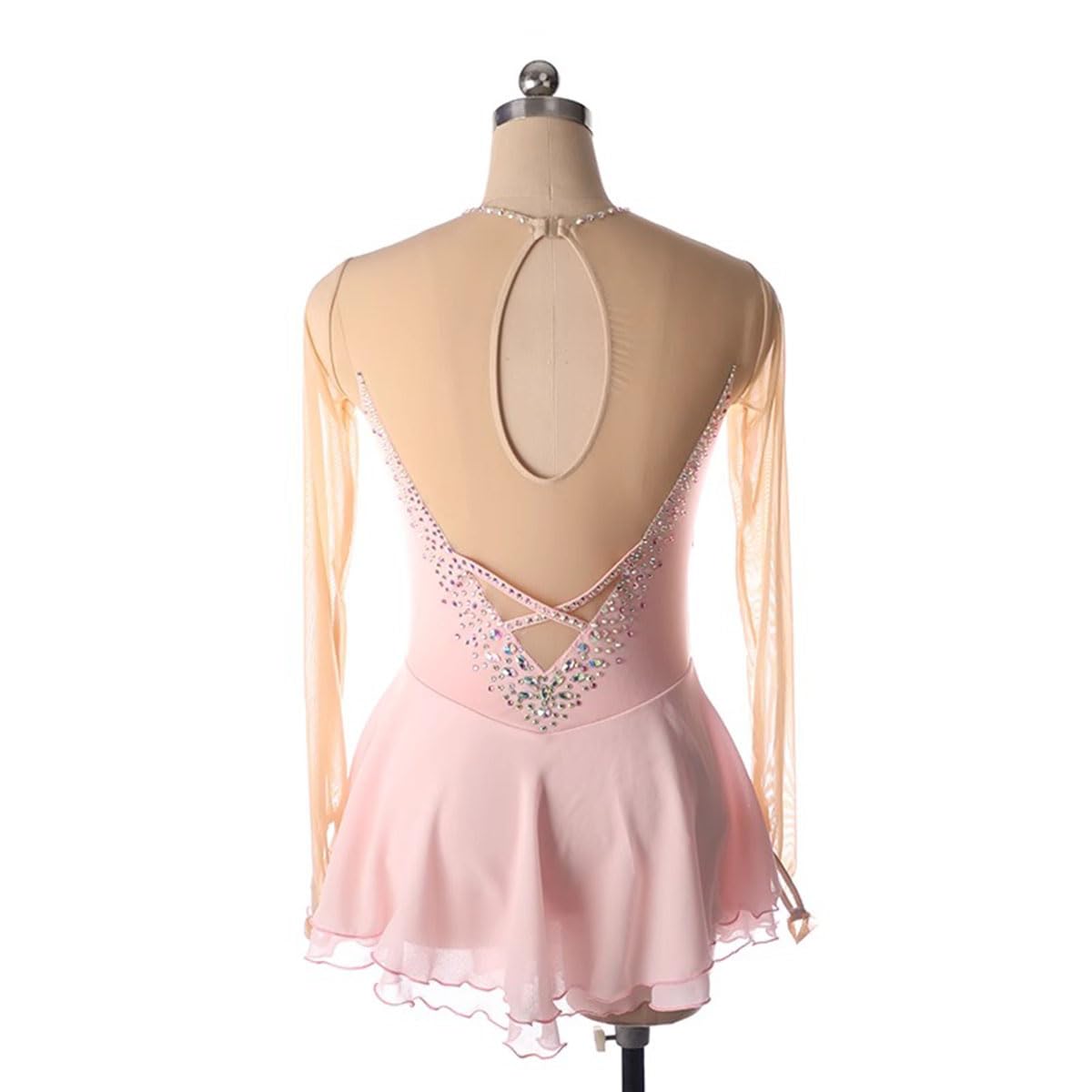 Maillot de Patinaje Artistico para Niña Manga Larga de Danza Ballet con Falda Tul Vestido con Pedrería Vestido de Danza Ballet Mujer Maillot de Gimnasia con Manga Larga,Rosado,3XS