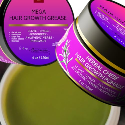 MAKOF BEAUTY CHEBE MAGIC HAIR GROWTH GREASE, with Organic Chebe from Chad, Rosemary, Moringa leaf and Ayurvedic herbs. Stimulate scalp for Rapid Growth. For All Hair Types 4 oz (120ml)