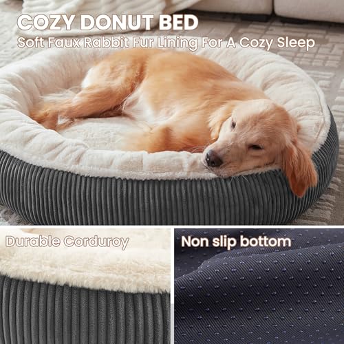 36 inches Donut Dog Bed for Large Dogs - Calming Round Pet Bed with Removable&Washable Cover, Plush Faux Fur & Corduroy, Fits Pets up to 80 lbs(Dark Grey, Large) - Image 3