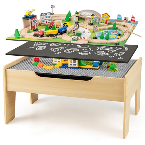 costzon train table 5 in 1 kids activity wooden set w 78 pieces railway playset reversible map top blackboard building bricks station amp large storage space toddler sensory table for 3 years
