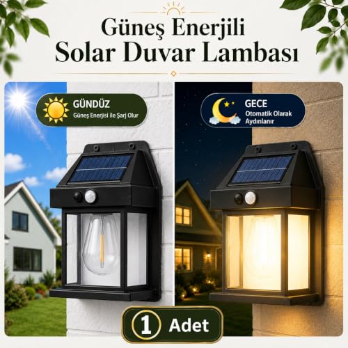 Güneş Enerjili Solar LED Duvar Lambası Hareket Sensörlü 3 Modlu 3000K Sarı Işık Bahçe Aydınlat Aplik