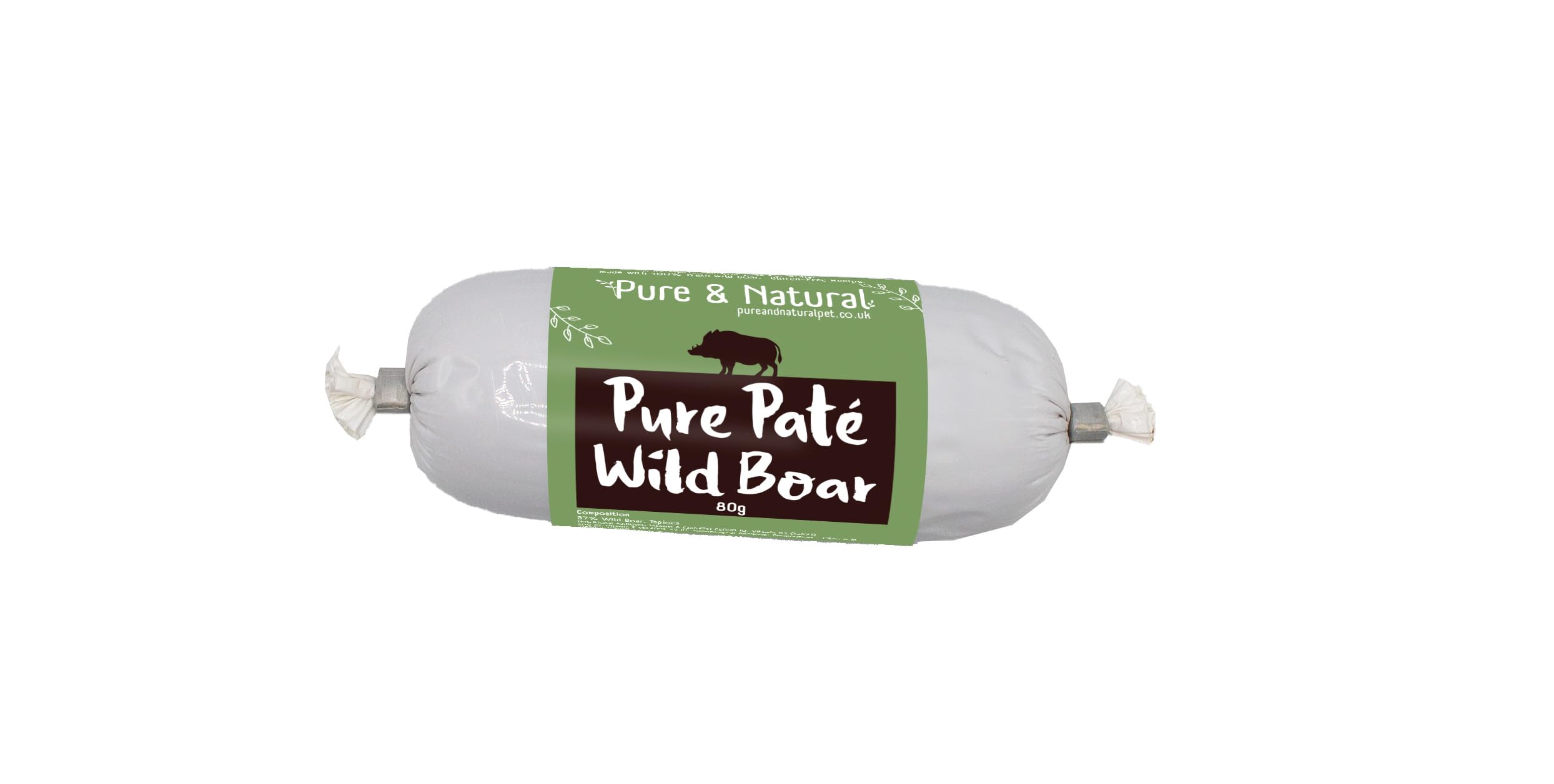 Pure & Natural Wet Dog Food Pate Chub Roll, 97% Wild Boar 80g - High Meat Content, Moist, Grain Free Dog Food for All Breeds