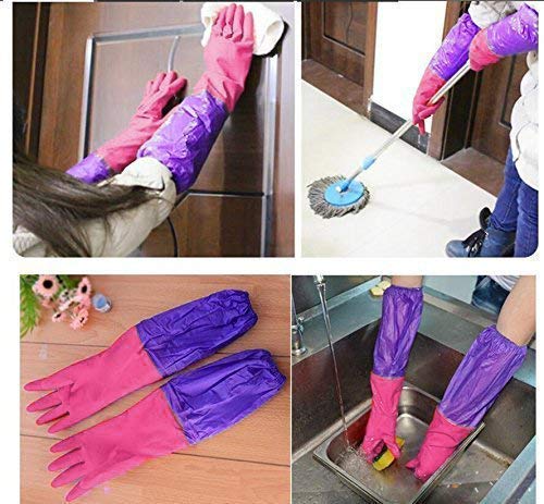 Image of Reusable Rubber Latex PVC Flock lined Long Sleeves elbow length Hand Gloves for Kitchen Dish-Washing, Cleaning, Gardening, Laundry and Sanitation and Lab Work (Long Elbow Lanth Gloves)