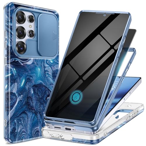 Image of GVIEWIN for Samsung Galaxy S25 Ultra Case, [Slide Camera Cover & Built-in Anti-Spy Privacy Screen Protector] [2 Front Frames] Shockproof Military Grade Marble Phone Case for S25 Ultra 6.9 inch(Star Abyss)
