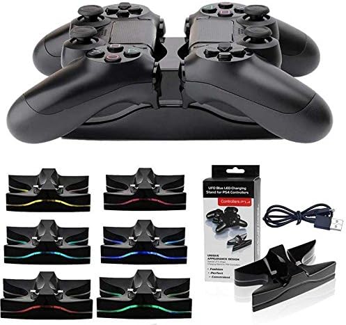 BEESCLOVER Creative UFO Shape LED Dual USB Controller Charger Fast Charging Stand for PS4 Game Handle Black