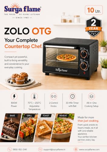 Image of Surya Flame Zolo 10L OTG Oven for Kitchen, 1200W Compact Toaster Griller for Baking Pizza, Cake, Grilling | Auto-Shut Off with Ready Bell | Multi-Stage Heat Selection & Timer | 2 Year Warranty