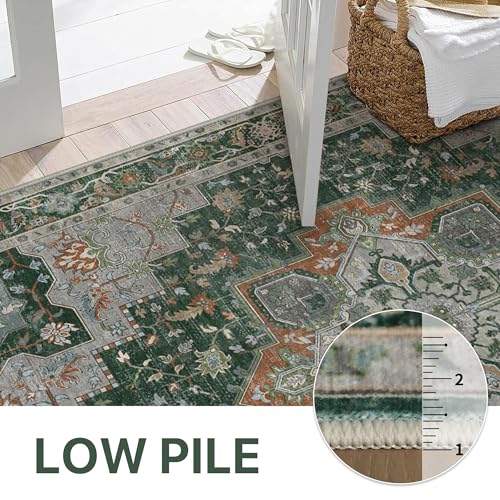 GENIMO 2x5 Runner Rugs for Hallway, Machine Washable Non Slip Vintage Rugs, Low Pile Lightweight Soft Print Rug for enrtyway, Corridor, Home Office, Kitchen,Pine Green