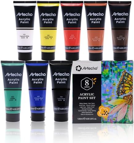 Artecho Acrylfarben Set Professional 8x120 ml, Acrylic Paint Set, Wasserfest und Lichtecht, Schnell Trocknend, Ideal für Leinwand, Holz, Stoff, Handwerk, Leder und Stein.