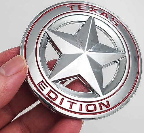 Image of 2pcs Texas Edition Emblem Shield Badge Universal -On FITS Tundra, Tacoma, F150, Silverado, Titan, Hood, Door, Tailgate, Grille, Fender (Silver red)