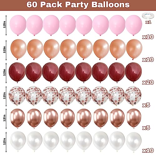 Image of Burgundy Red and Pink Balloons, 60 Pack 12in Rose Gold Wine Red Light Pink White Latex Balloon Metallic Rosegold Confetti Helium Party Balloons for Women Girls Birthday Wedding Anniversary Decorations