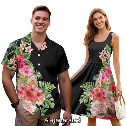 Image of Dreaweet Summer Dresses for Women A-Line Sleeveless Flowy Sun Dresses,Men's Casual Button-Down Shirts,Couple Matching Outfits