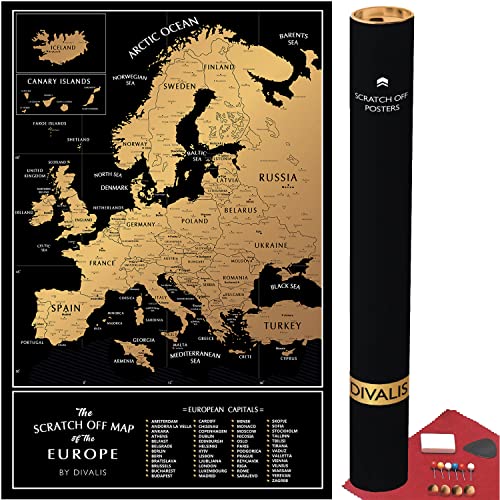 Mappa Europa da Grattare Facile da Incorniciare 60x40 cm – Mappa Europa Gratta – Poster di Viaggio Europa – Mappa Grattabile con Accessori – Travel Map Europe