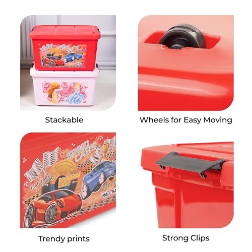 Image of Nayasa Toy Box Big Plastic Storage Box | Multipurpose Stackable Storage Box with Lid and Small Rolling Wheels | Ideal for Organizing Toys & Household Essentials | 50L | Red