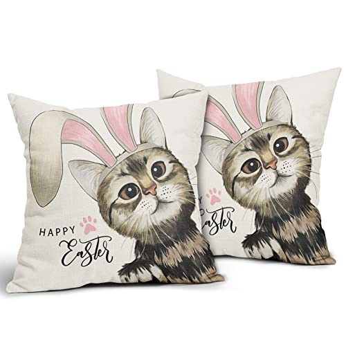 Kawani Happy Easter Pillow Covers 18X18 In Cat Bunny Ears Couch Pillow Cases Set Of 2 Spring Beige Throw Pillows Home Decor For Living Room Bedroom Bed Cushion Outdoor #TOP1
