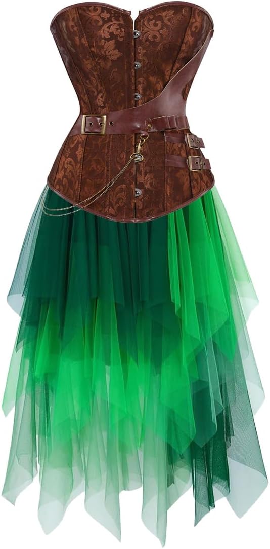 Jutrisujo Brown Corset Pirate Dress Skirt Layer Set Halloween Costumes Plus Size Steampunk Gothic