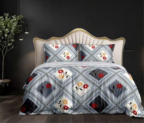Image of DECOMIZER XL Microfiber Soft Cotton Queen Bedsheet for Double Bed, Queen Size 90 Inches X 100 Inches, 230 X 250 cm with 2 Large Size Pillow Covers - GreyBoxTwoFlower