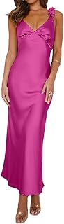 Phicia Summer Satin Spaghetti Strap V Neck Midi Dresses for Women Wedding Guest Elegant